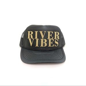 River Vibes gold glitter black trucker hat